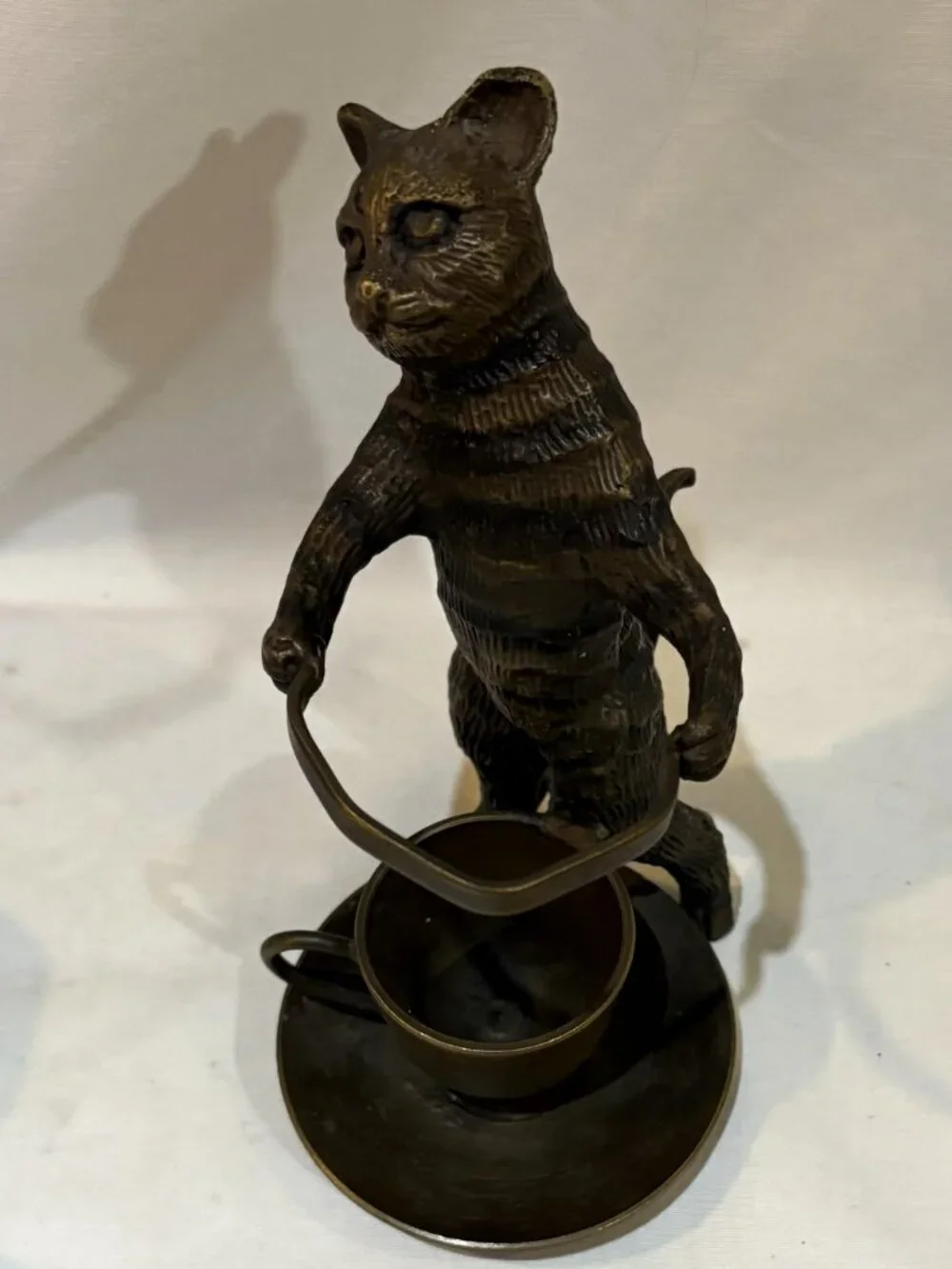 Cast Iron Cat Holding Clear Glass Vase